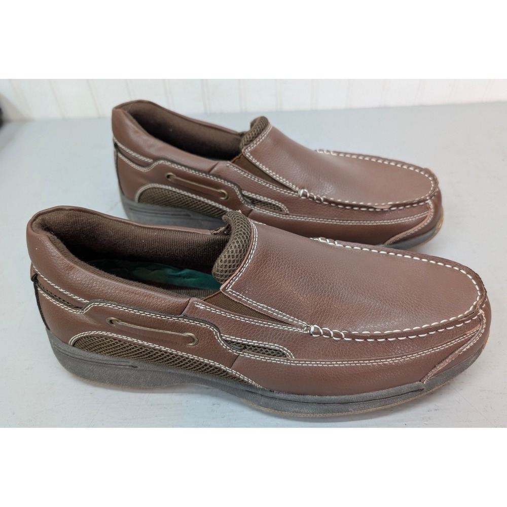 Dr Scholls Brown Leather Slip On Loafers Men's 10.5 3E Wide Boat Shoes 42J-D6
